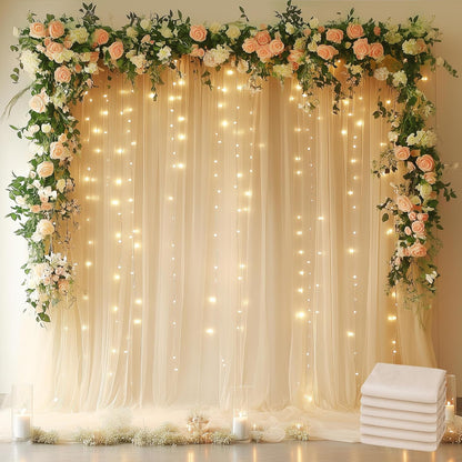 Fomcet Tulle Backdrop Curtains with Lights String White 10FT X 8FT Sheer Curtain with Lights Tulle Curtains Backdrop for Wedding Birthday Party Baby Shower Photo Shoot (2 Panels 5x8FT)