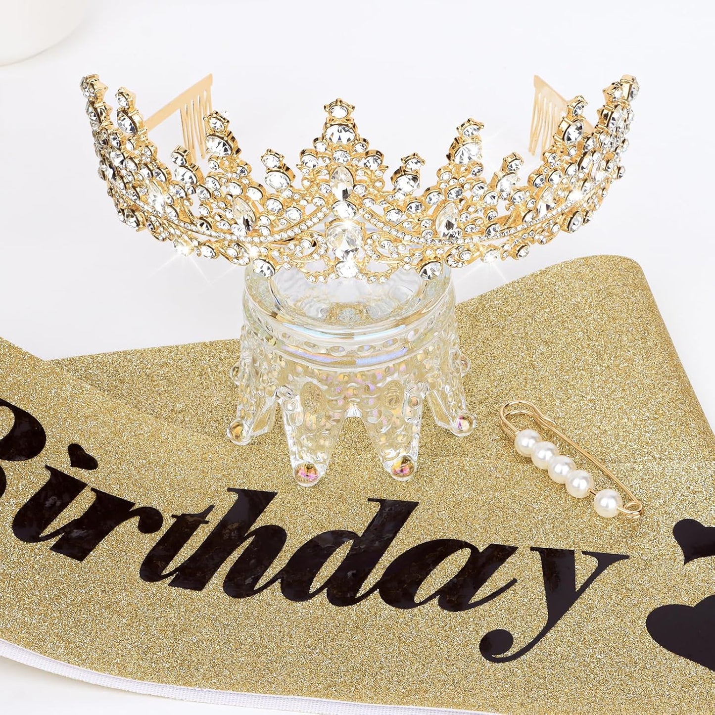 CURASA Birthday Tiara and Sash - Silver Birthday Crown for Women, Perfect for Parties and Celebrations