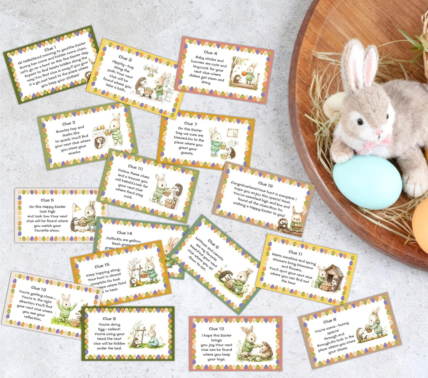 Rainfly Easter Scavenger Hunt, Indoor Clue Card Games, Bunny Treasure Hunt Clues Cards, Easter Party Games for Family Adults, Holiday Party Activities Supplies (16 Clues Cards With Envelopes) -A01