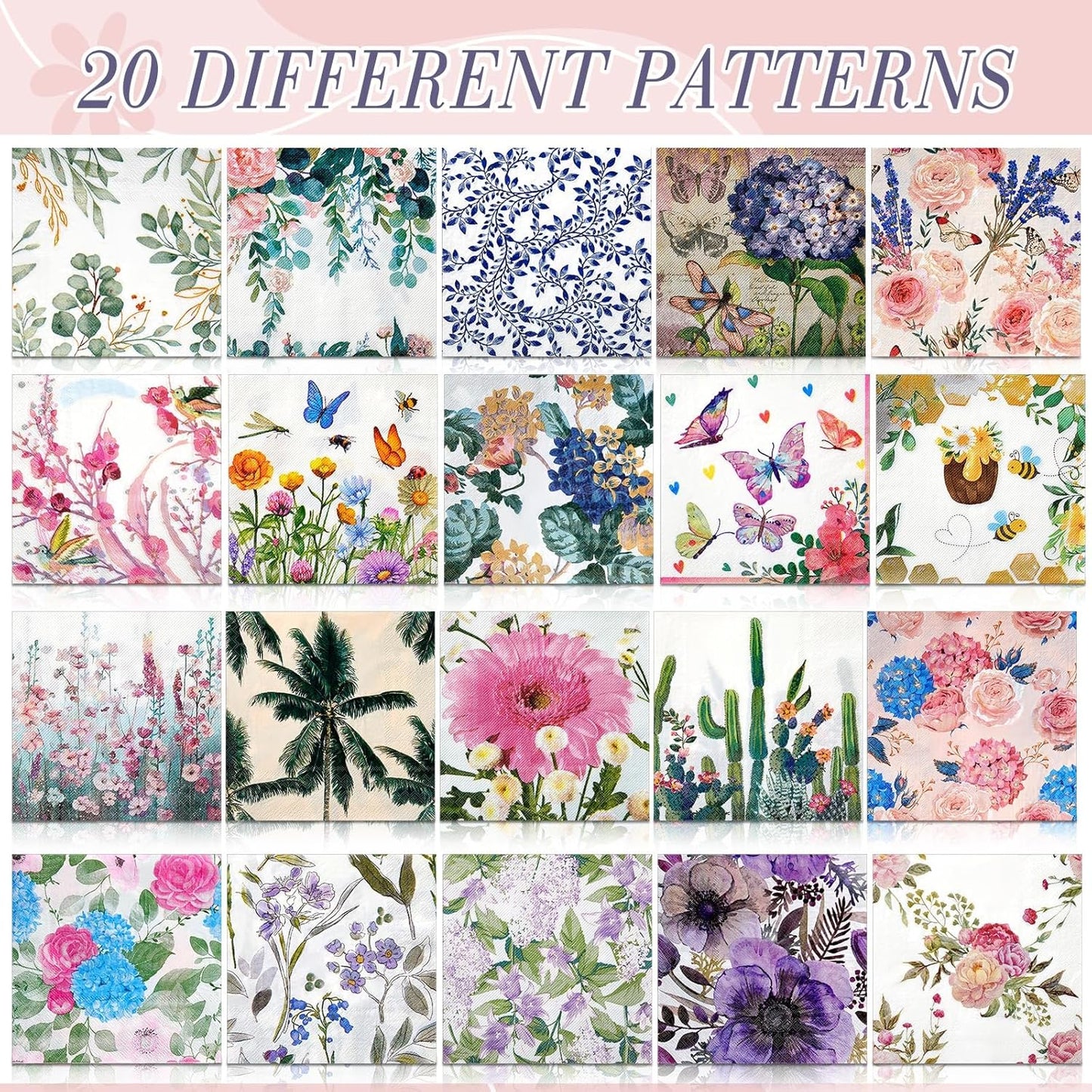 Crtiin 20 Pack Decoupage Napkins Floral Napkins Flower Cocktail Paper Decorative Toilet for Valentine's Day Birthday Party Beautiful Gorgeous, 20 Styles Each 6.5 Inches(Style 1)