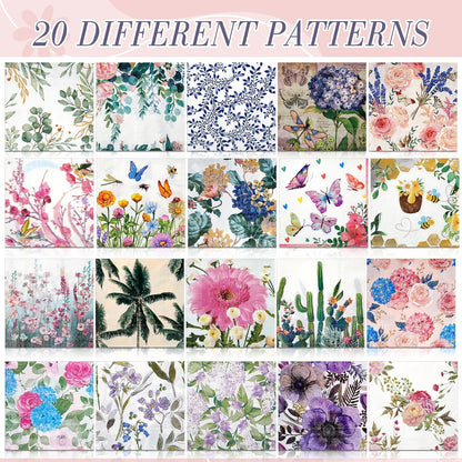 Crtiin 20 Pack Decoupage Napkins Floral Napkins Flower Cocktail Paper Decorative Toilet for Valentine's Day Birthday Party Beautiful Gorgeous, 20 Styles Each 6.5 Inches(Style 1)