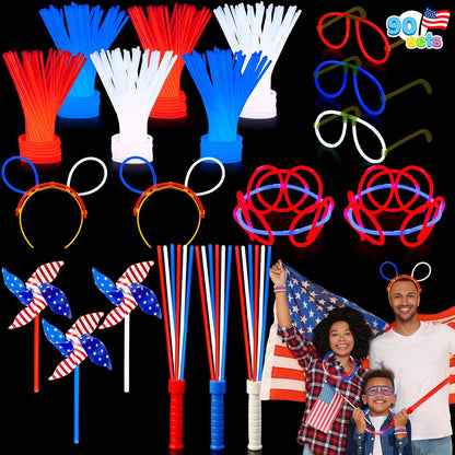 JOYIN 90 PCS July 4th Glow Sticks Set, Red White Blue Patriotic Glow Sticks with Connectors, Glow in the Dark Pinwheels Wands, Headbands & Glasses Party Favors for Independence Day Accessory Decor
