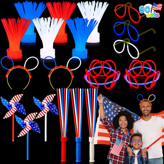 JOYIN 90 PCS July 4th Glow Sticks Set, Red White Blue Patriotic Glow Sticks with Connectors, Glow in the Dark Pinwheels Wands, Headbands & Glasses Party Favors for Independence Day Accessory Decor