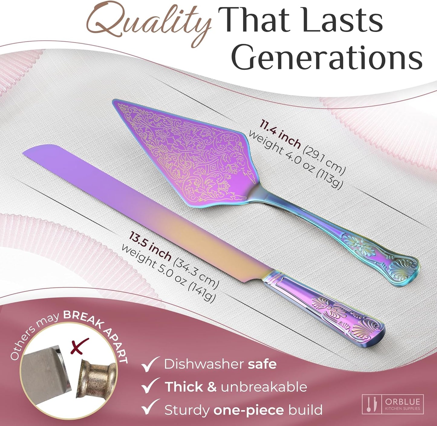Orblue Wedding Cake Knife and Server Set - Premium, Beautifully Engraved Cutting Set - Elegant Keepsake for Newlyweds - Light Gold