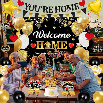Holkcog Welcome Home Decoration, Black Gold Welcome Back Party Decorations, We Missed You So Much Banner Party, Glitter Home Party Sign Banner Ballons, Family Reunion Party Decora Supplies