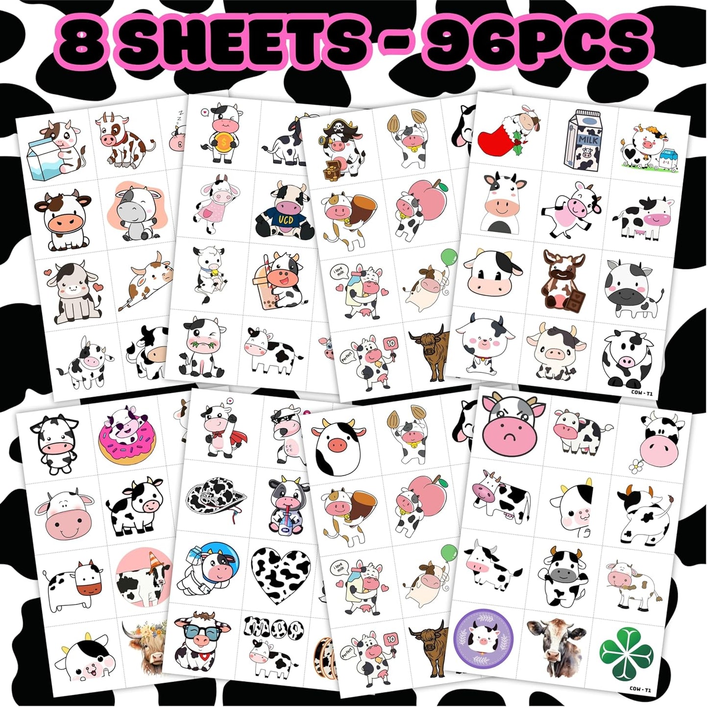 96PCS Cow Pre-Cut Temporary Tattoos for Kids - Farm Animal Birthday Party Supplies, Decorations, and Favors - Super Cute Milk Cow Sticker Gifts for Boys & Girls, Classroom Prizes, and Themed Events