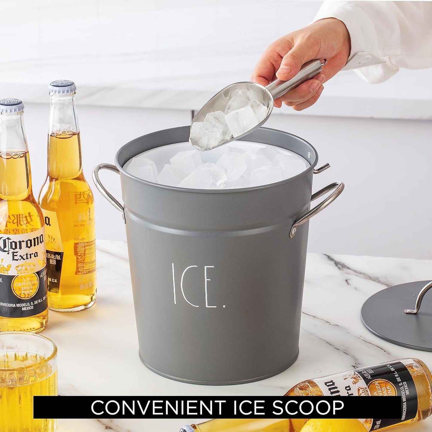 Rae Dunn Ice Bucket with Scoop - Stainless Steel Bucket with Handle, Lid and Ice Scooper - 4 Qt. Storage Bin for Ice Cubes for Bars, Parties, Backyard Barbeques, Picnics, and Camping (Sage)