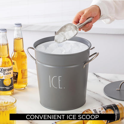 Rae Dunn Ice Bucket with Scoop - Stainless Steel Bucket with Handle, Lid and Ice Scooper - 4 Qt. Storage Bin for Ice Cubes for Bars, Parties, Backyard Barbeques, Picnics, and Camping (Sage)