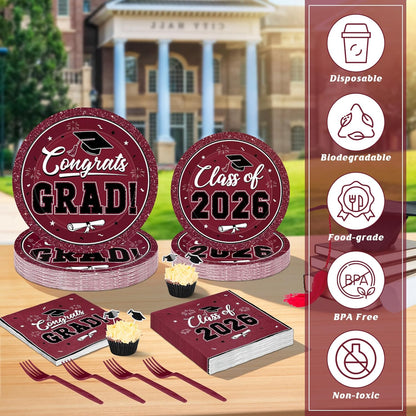 200Pcs Graduation Decorations 2026, Blue Graduation Plates and Napkins Party Supplies for 50 Guests, Disposable Grad Plates, Napkins, Dessert Plates and Forks for Grad Decor Wedding Birthday Supplies