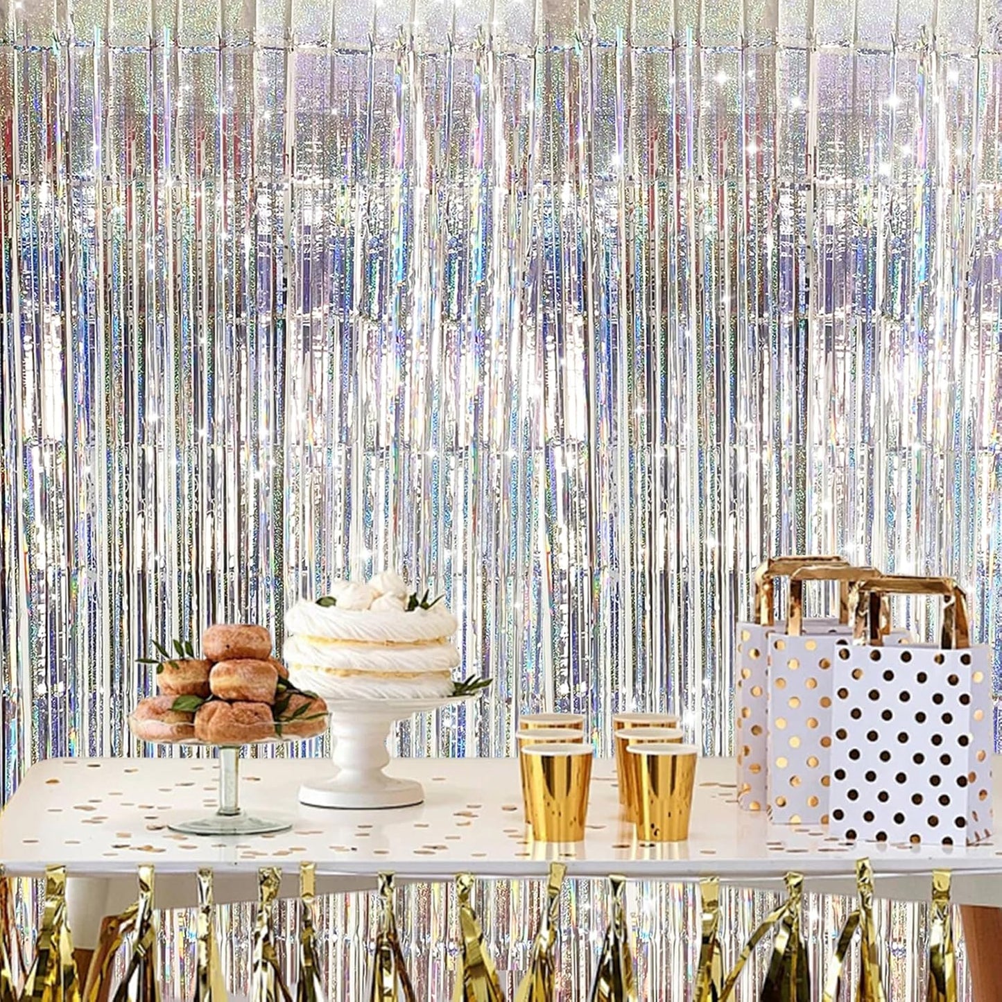 2 Pack Shiny Silver Tinsel Foil Fringe Curtains, 3.3ft x 6.6ft Iridescent Streamers Party Photo Backdrop for Birthday, Wedding, Engagement, Bachelorette Party Decoration