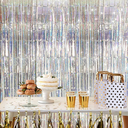 2 Pack Shiny Silver Tinsel Foil Fringe Curtains, 3.3ft x 6.6ft Iridescent Streamers Party Photo Backdrop for Birthday, Wedding, Engagement, Bachelorette Party Decoration