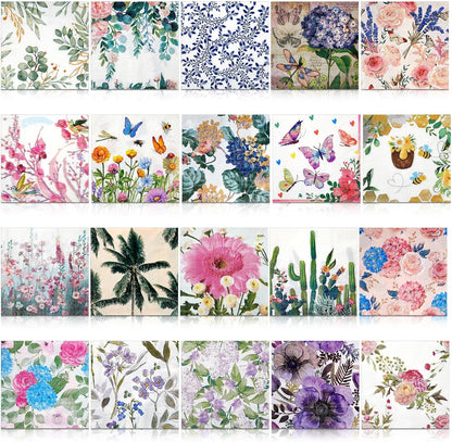 Crtiin 20 Pack Decoupage Napkins Floral Napkins Flower Cocktail Paper Decorative Toilet for Valentine's Day Birthday Party Beautiful Gorgeous, 20 Styles Each 6.5 Inches(Style 1)