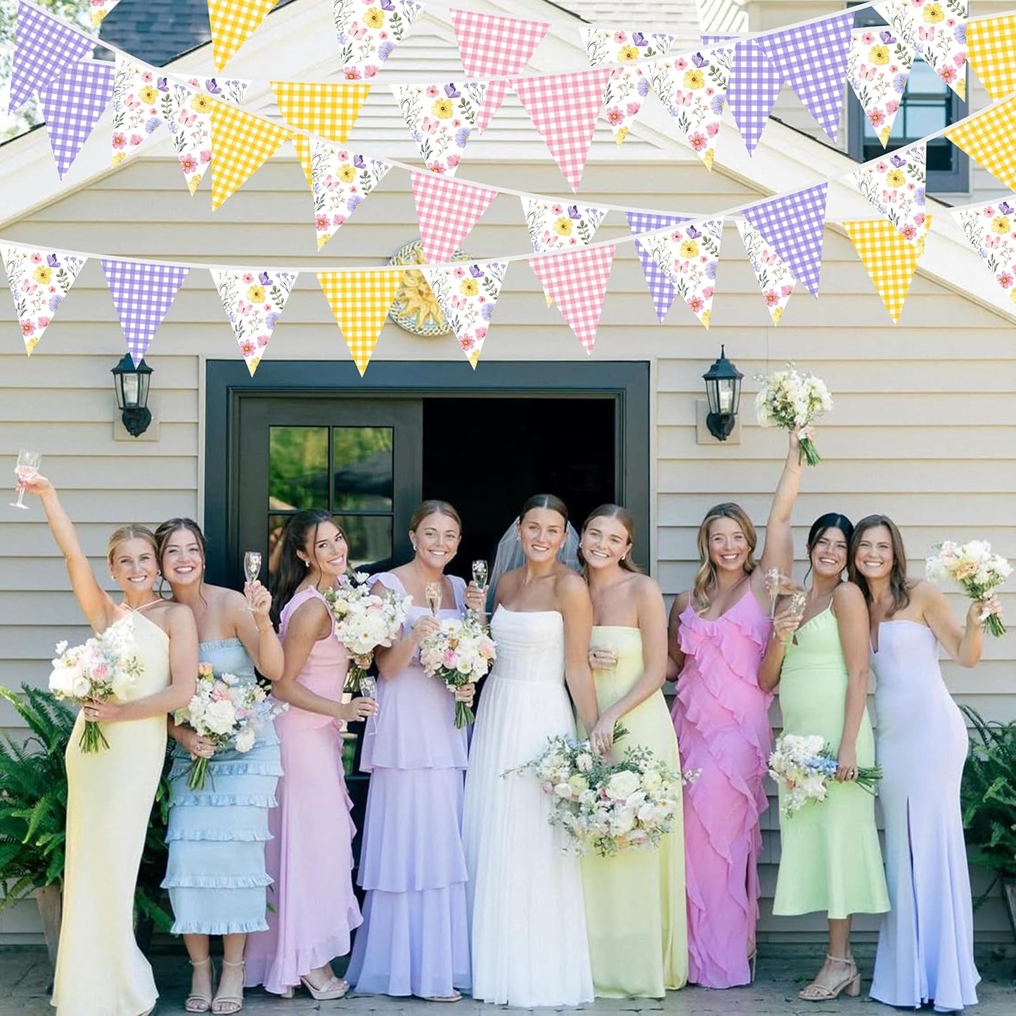 32Ft Dusty Blue Party Decorations Retro Blue Gingham Triangle Banner Flag Pennant Fabric Garland Streamers for Nautical Wedding Birthday Ahoy Achor Bridal Baby Shower Under The Sea Decor Supplies