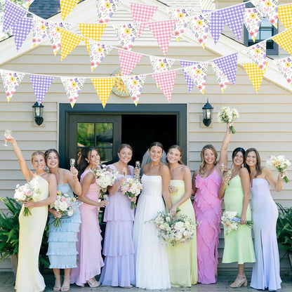 32Ft Dusty Blue Party Decorations Retro Blue Gingham Triangle Banner Flag Pennant Fabric Garland Streamers for Nautical Wedding Birthday Ahoy Achor Bridal Baby Shower Under The Sea Decor Supplies
