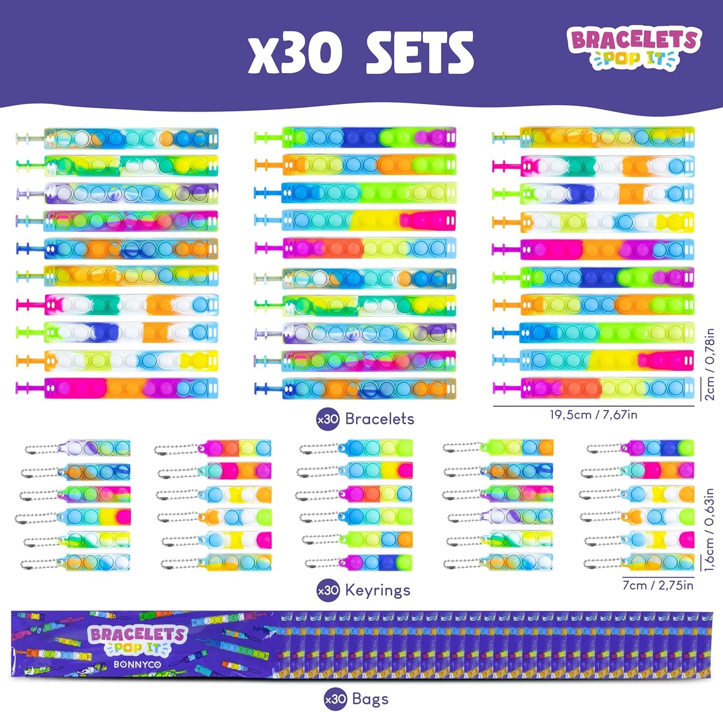 BONNYCO Pop It Bracelets and Keychains Pack 30 Kids Party Favors. Goodie Bags Stuffers for Kids, Fidget Toys Pop Its Bulk. Return Gifts for Birthday Party, Goody Bag Stuffers, Pinata, Classroom Prizes