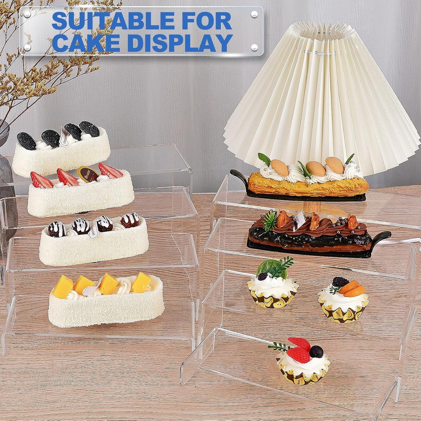 Aheroi Large Acrylic Risers, 10 Pcs 2 Set(7”L~8”L~9”L) Riser Display Shelf, Clear Rectangular Display Stands Set, Transparent Shelves for Decor, Showcase Holder for Cupcake