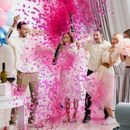 Gender Reveal Confetti Powder Cannon - Biodegradable Blue & Pink Poppers for Baby Shower Party Decorations - He or She What Will it Bee - 2 Pink Sticks