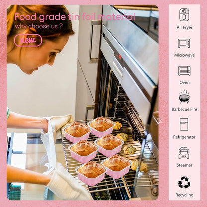 NPLUX 50 Pcs Mini Cake Pans with Lids and Spoons Aluminum Foil Mini Square Baking Cups with Lids Disposable Ramekins Cake Pans Dessert Cups for Wedding Mothers Day Gifts Party Favors(Pink,5oz)