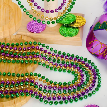 EOBOH 144PCS Mardi Gras Beads, Metallic 12 Kinds Bead Necklace Party Supplies, 33" Mardi Gras Necklace Costume Stuff, Festival Parade Throw Accessories for Wedding Birthday Celebrations Decorations