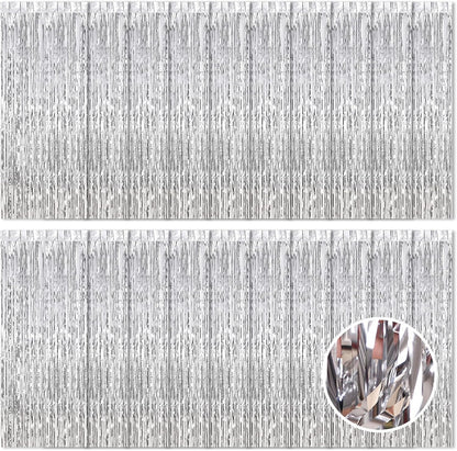 20 Pack Silver Foil Curtain Backdrop 3.2ft x 8.2ft Foil Fringe Backdrop Curtain Metallic Tinsel Foil Fringe Curtains Streamer Backdrop Curtains for Birthday Party Decorations Photo Booth (Silver)