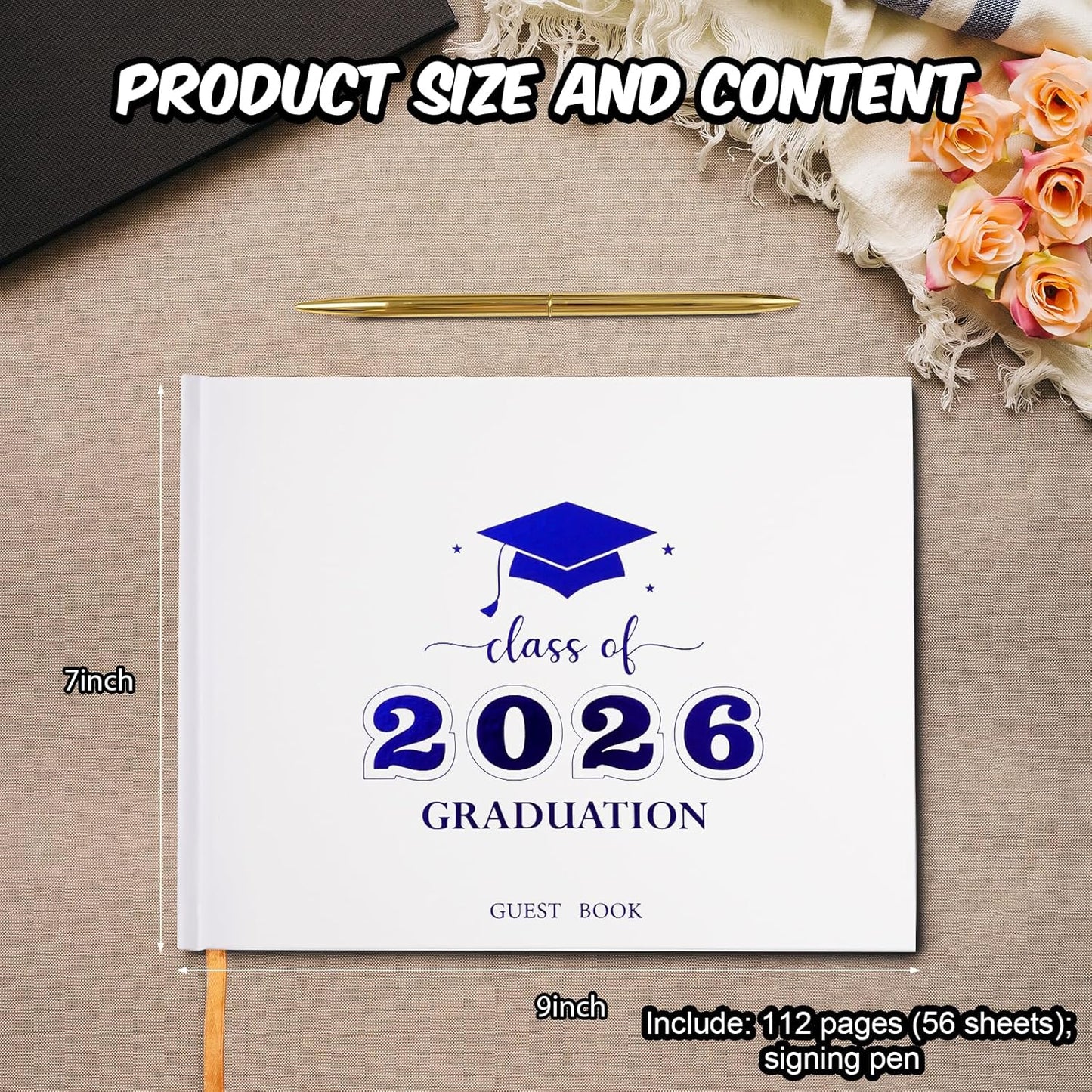 Graduation Guest Book, Class of 2026 Graduation Guest Book with Pen, Hardcover Guest Sign in Book, Memory Scrapbook, Graduation Decorations, Grad Party Supplies for High School，College (Blue)