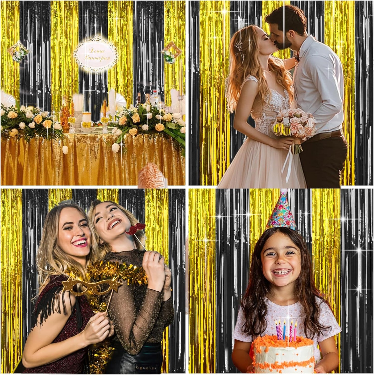 4 Packs Silver Foil Fringe Curtain, Silver Glitter Metallic Tinsel Backdrop for Birthday, Wedding, Baby Shower, Bachelorette, 70s 80s 90s Theme Disco Party, Iridescent Party Decorations Supplies