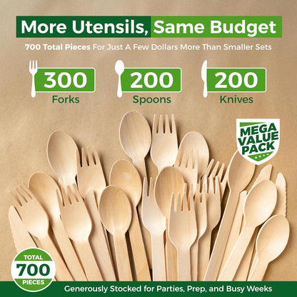 700 PCS Wooden Cutlery Set - 100% Compostable Silverware (300 Forks, 200 Spoons, 200 Knives) - Eco-Friendly Wooden Utensil Set & Disposable Party Utensils, Alternative to Bamboo Cutlery