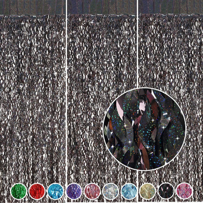 3 Pack Colorful Foil Fringe Curtain Backdrop - 6.6 x 3.3 ft Wavy Rainbow Tinsel Backdrop Curtain Metallic Streamers Iridescent Holiday Photo Booth Party Decorations