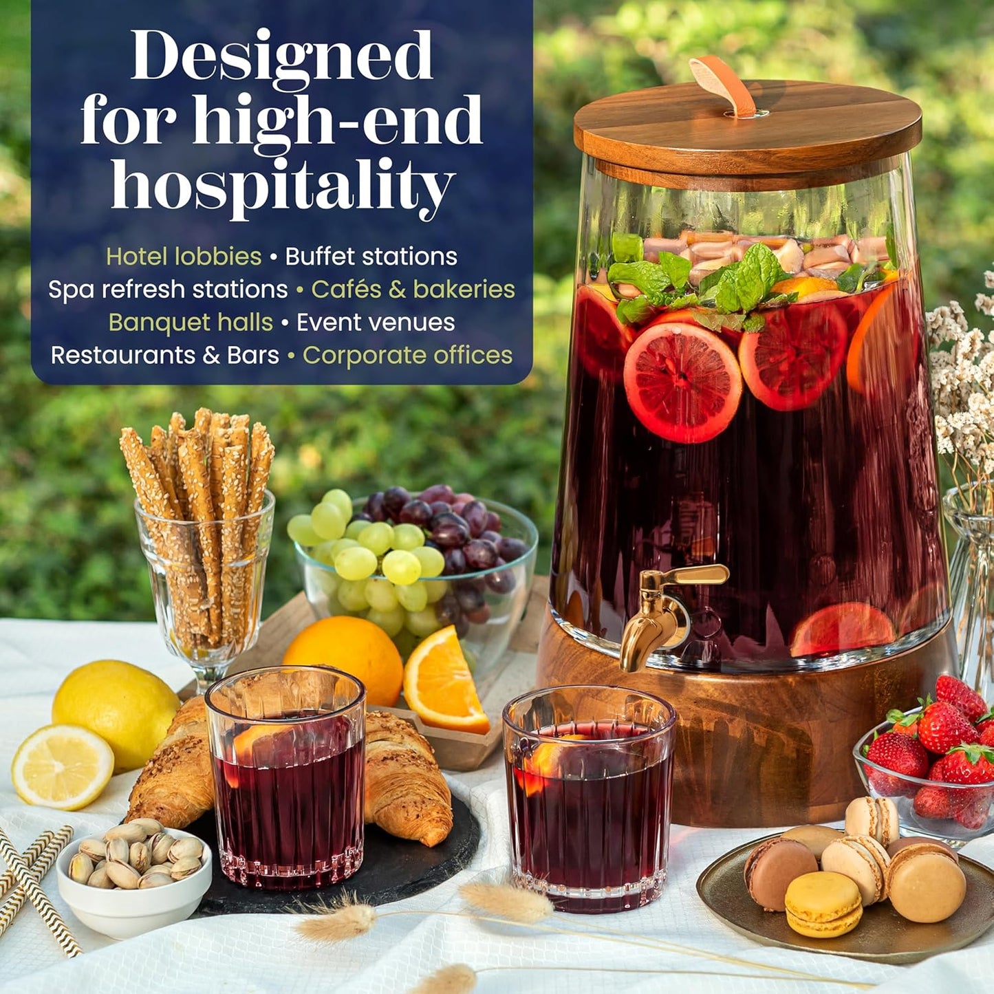 FOODLE Large Glass Drink Dispenser with Spigot - Glass Beverage Dispenser with Stand - Perfect for Parties & Weddings - Pitcher for Lemonade, Water, Sangria, Punch & Juice - Leakproof - 1.72 Gallon