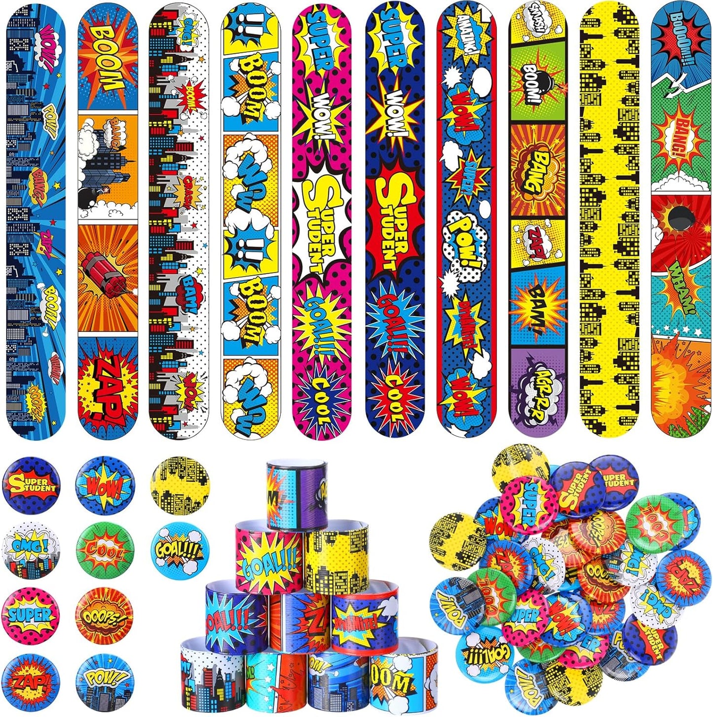 Junkin 60 Pcs Hero Party Favor Hero Slap Bracelets Comic Book Slap Bracelet for Kids Comic Book Mini Button Pin for Girl Boy Heroic Birthday Party Supplies Classroom Prizes Gift