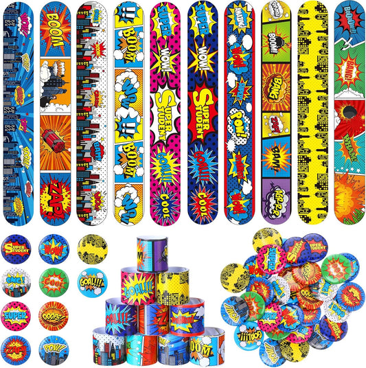 Junkin 60 Pcs Hero Party Favor Hero Slap Bracelets Comic Book Slap Bracelet for Kids Comic Book Mini Button Pin for Girl Boy Heroic Birthday Party Supplies Classroom Prizes Gift