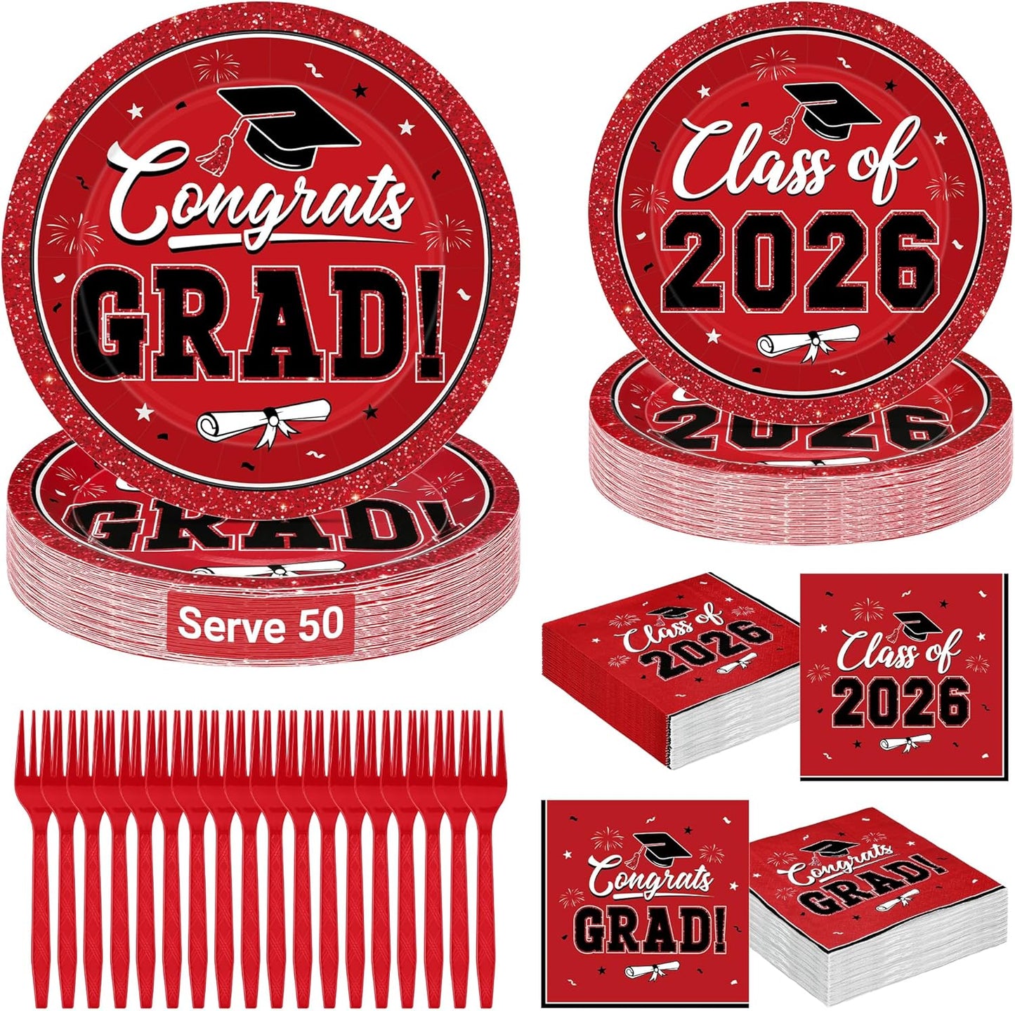 200Pcs Graduation Decorations 2026, Blue Graduation Plates and Napkins Party Supplies for 50 Guests, Disposable Grad Plates, Napkins, Dessert Plates and Forks for Grad Decor Wedding Birthday Supplies