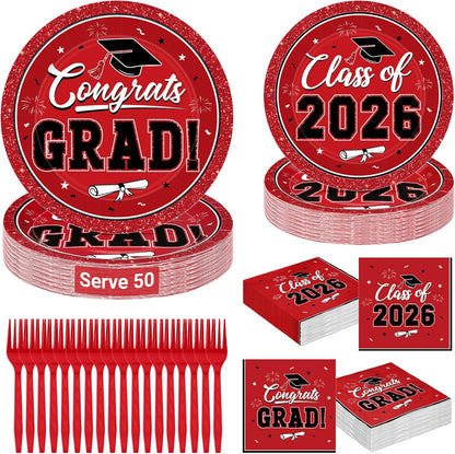 200Pcs Graduation Decorations 2026, Blue Graduation Plates and Napkins Party Supplies for 50 Guests, Disposable Grad Plates, Napkins, Dessert Plates and Forks for Grad Decor Wedding Birthday Supplies