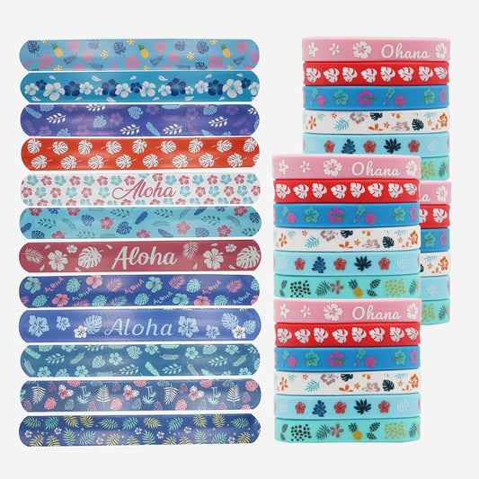 48 Pcs Cartoon Tropical Party Favors Slap Bracelets Rubber Wristbands, Hawaiian Element Palm Leaves Hibiscus Flowers Pattern Silicone Animation Exchanging Gifts Classroom Prizes Birthday Decorations