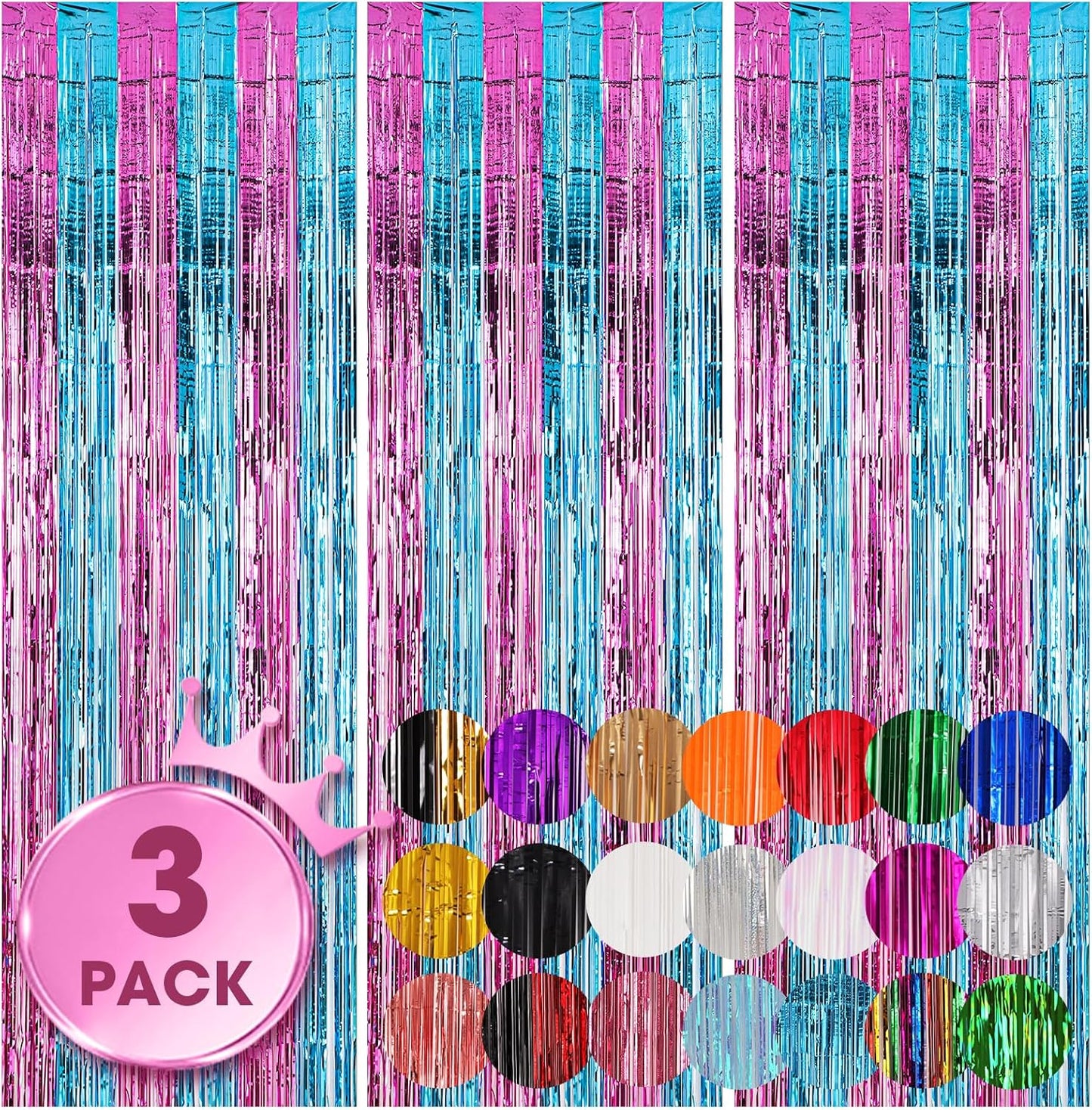 Voircoloria 3 Pack 3.3x8.2 Feet Gold Foil Fringe Backdrop Curtains, Tinsel Streamers, Fringe Backdrop for 2025 New Years Eve, Graduation, Birthday, Baby Shower, Gender Reveal, Disco Party - Colors B