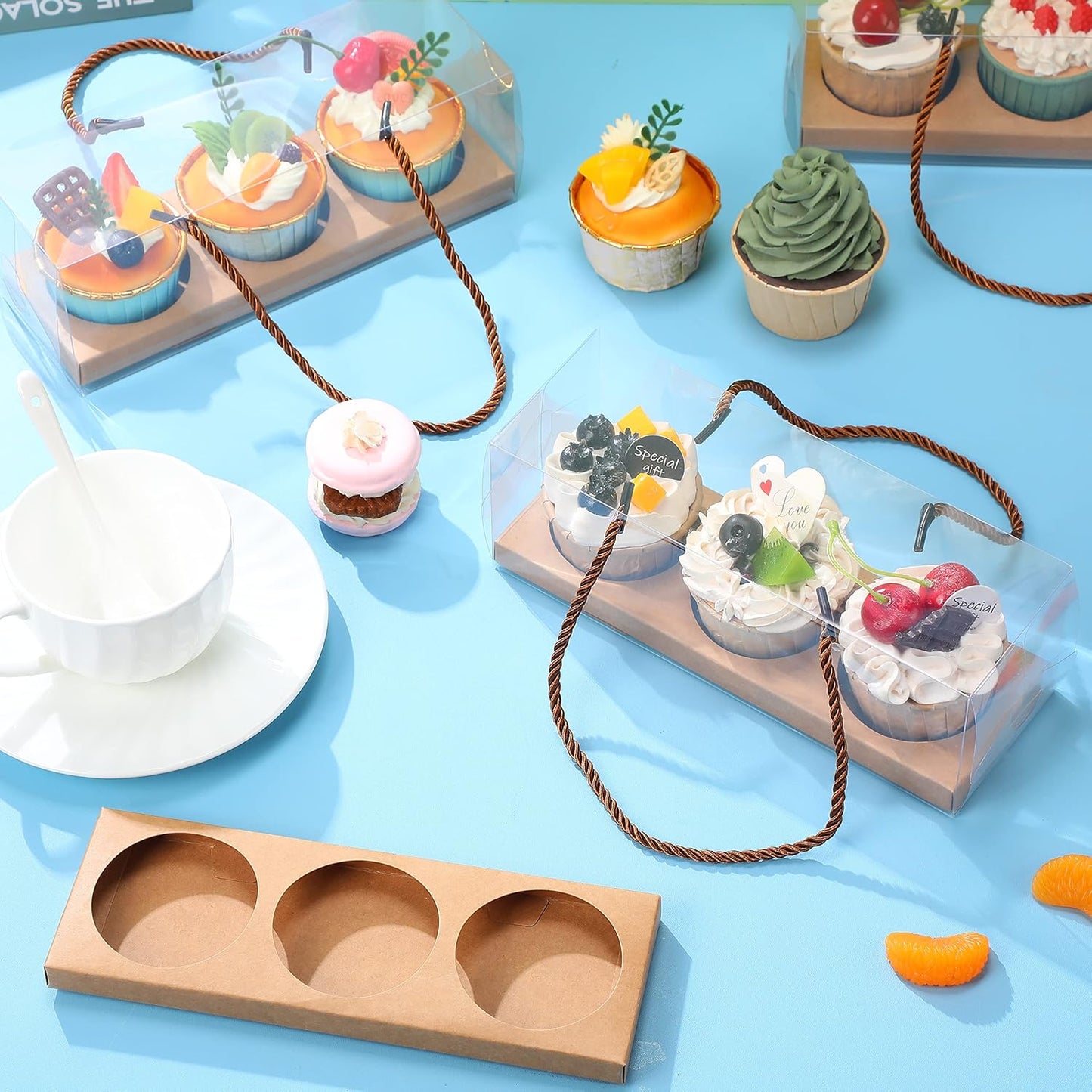 Thenshop 20 Pcs 9 x 3 x 3 Inch Clear Cupcake Boxes with Handle and Inserts 3 Count Portable Pastry Packaging for Cupcakes Carrier Muffin Bakery Containers Mothers Day Wedding Party(Brown)