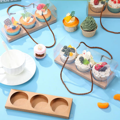 Thenshop 20 Pcs 9 x 3 x 3 Inch Clear Cupcake Boxes with Handle and Inserts 3 Count Portable Pastry Packaging for Cupcakes Carrier Muffin Bakery Containers Mothers Day Wedding Party(Brown)