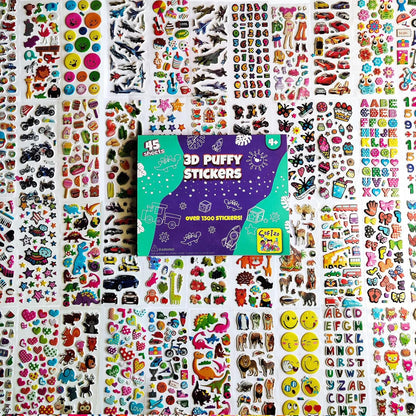 Puffy Stickers for Kids 45 Sheets - 3D Puffy Sheets - 1300+ Kids Stickers - Perfect for Party Bag Fillers, Sticker for Scrapbooking, Fun with Sticker of Cars, Letters, Numbers, Dinosaur, Stars & More