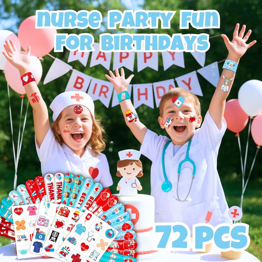 Cherisnowy 72PCS Nurse Party Set - 48PCS Nurse Tattoos & 24PCS Slap Bracelets - Fun Birthday Party Supplies, Baby Shower Gifts, Classroom Rewards & Nurse-Themed Decor for Kids (Boys & Girls)