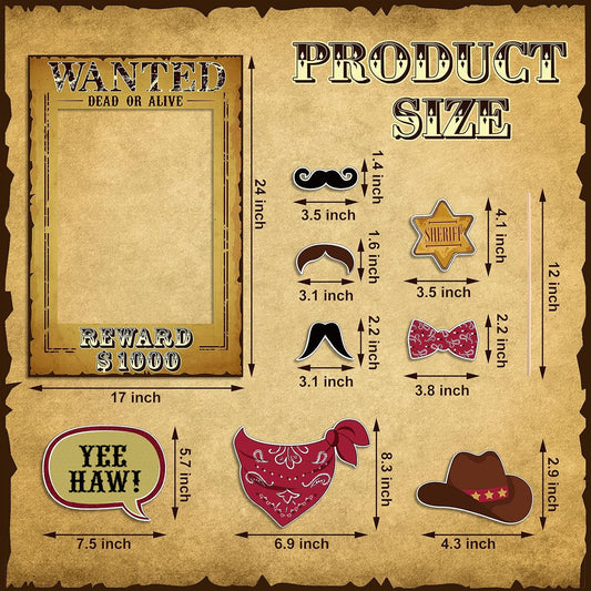 Blulu 9 PCS West Wanted Photo Booth Prop Kit - 24 x 17 '' Wild Western Selfie Booth Poster Frames for Cowboy Cowgirl Theme Party Supplies, Wild West Rustic Party Decorations
