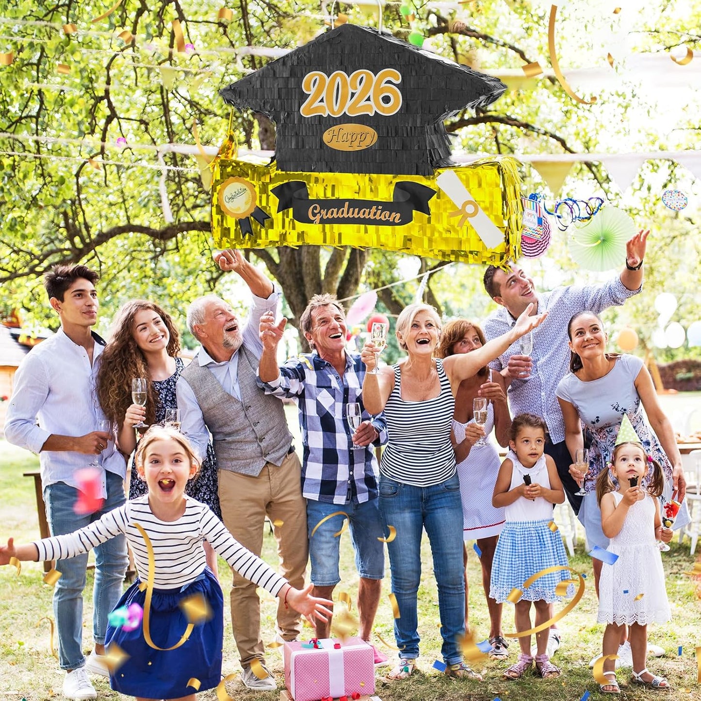 2026 Graduation Piñata with Stick,Blindfold,Confetti - 15.8 Inch Congrats Grad Cap Piñata Yellow End of Year Piñata Party Decoration for Kindergarten School Elementary College Games (Style 2)