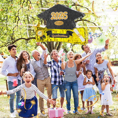 2026 Graduation Piñata with Stick,Blindfold,Confetti - 15.8 Inch Congrats Grad Cap Piñata Yellow End of Year Piñata Party Decoration for Kindergarten School Elementary College Games (Style 2)