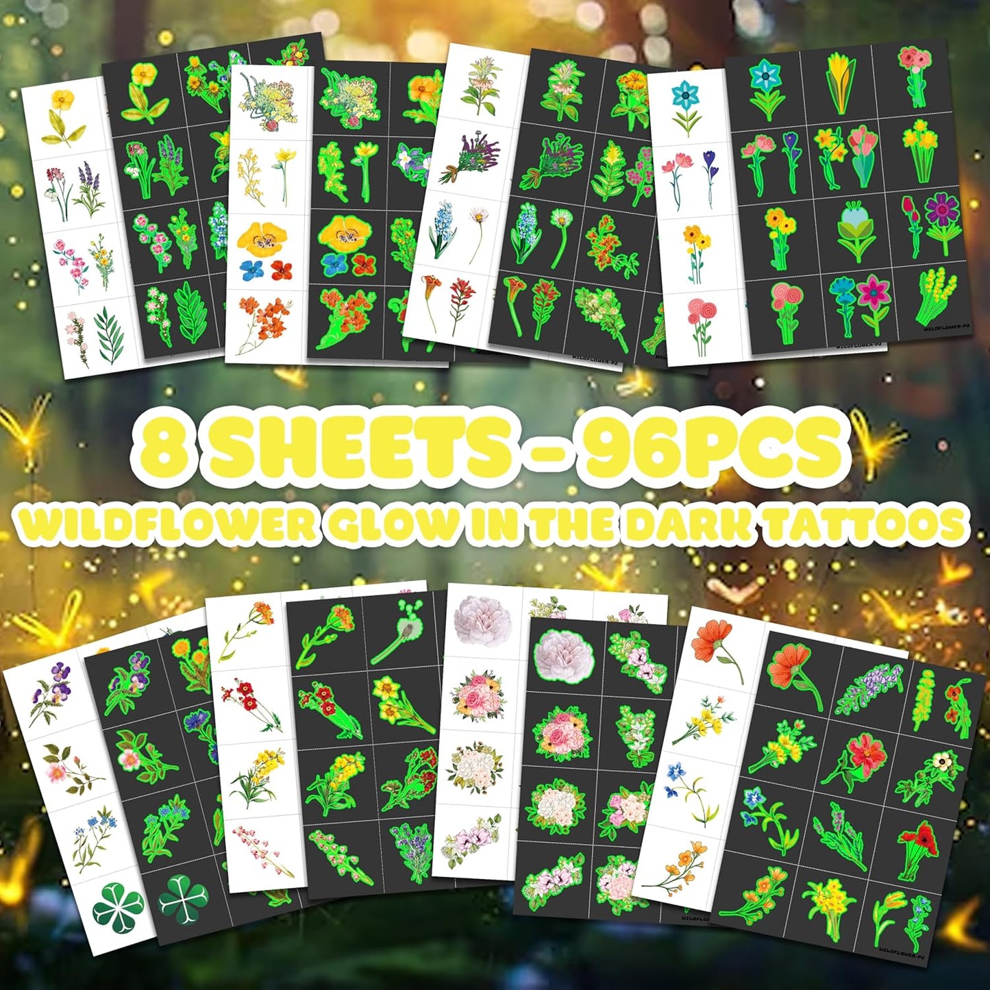 96 PCS Small Wildflower Floral Pre–Cut Temporary Tattoos Birthday Party Decorations Supplies Favors Spring Flower Bouquets Decor Stickers Gifts Boys Girls Classroom School Prizes Reward (Normal)