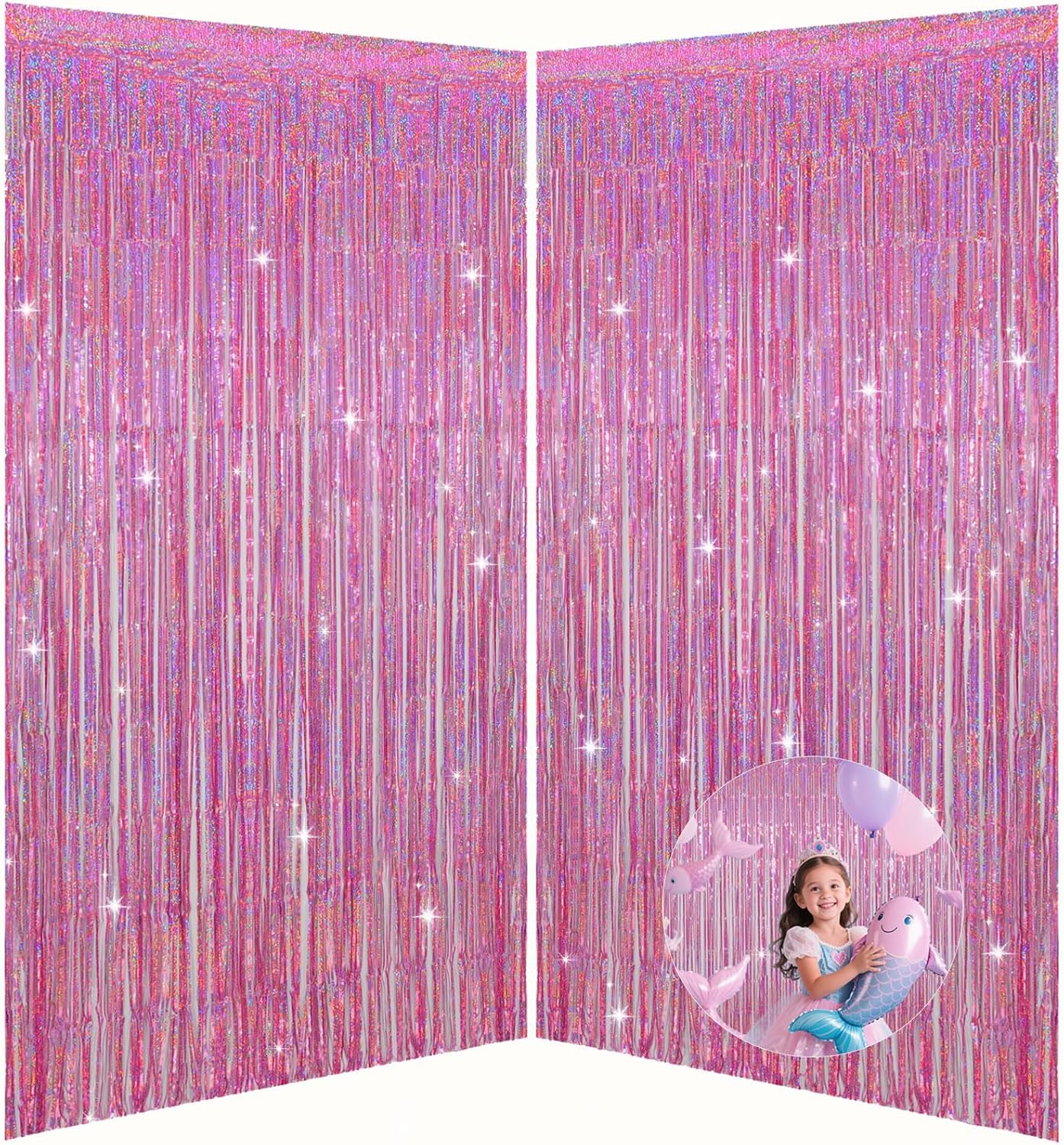 Iridescent Party Decorations Fringe Backdrop, Sparkling Holographic Foil Fringe Tinsel Curtains for Frozen Mermaid Birthday Party Decor - 3.28x6.56ft 2 Packs
