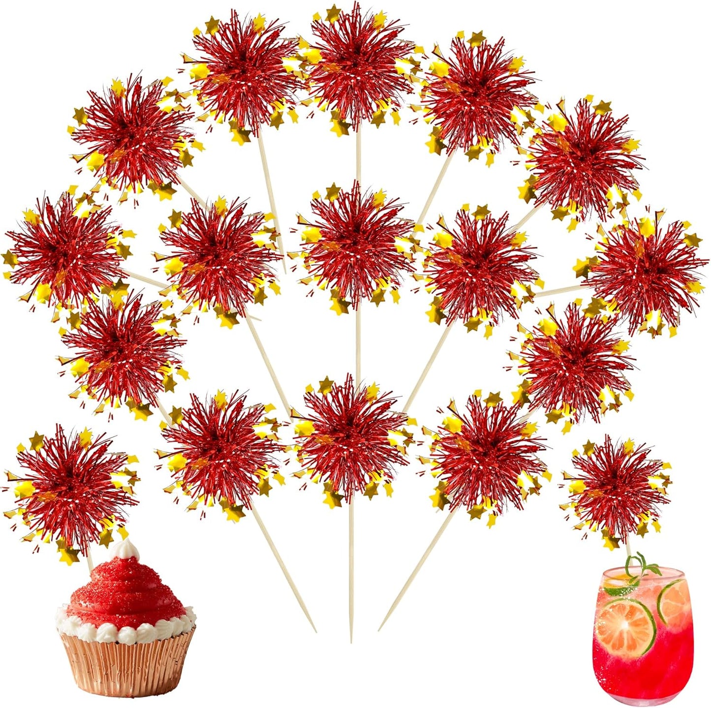 Ephlyn 30Pcs Foil Firework Cupcake Toppers Sparkle Tinsel Cupcake Picks Drink Stirrers Cocktail Food Fruit Toothpicks for Baby Shower Graduation Party Supplies White