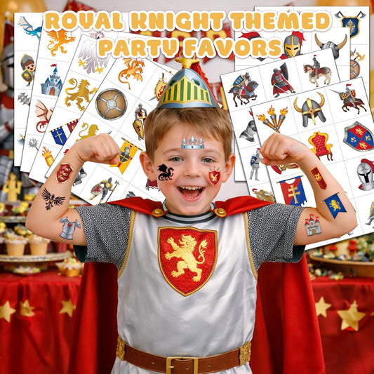 96 PCS Royal Knight Pre-Cut Temporary Tattoos for Kids | Super Cute Themed Birthday Party Favors, Supplies, Decorations, Castle Fake Tattoo Stickers, School Rewards & Gifts For Boys & Girls
