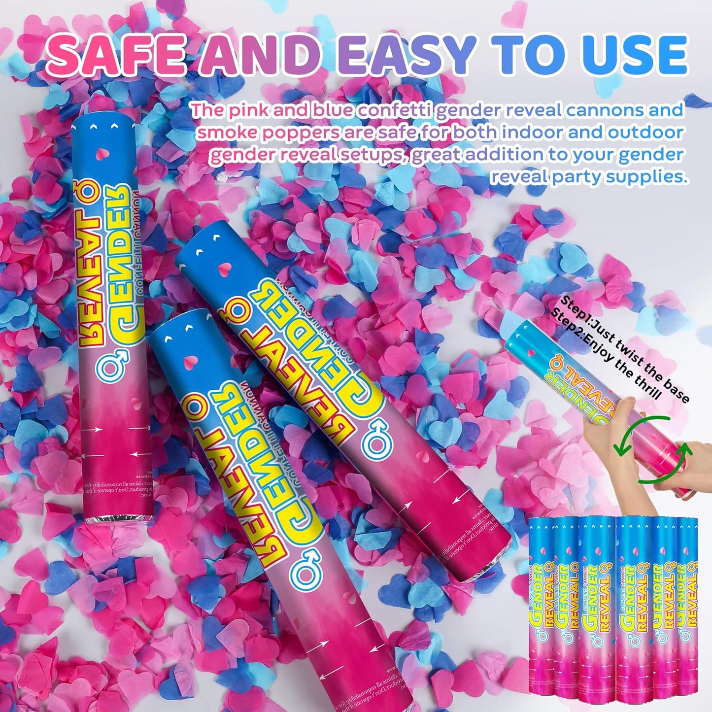 Gender Reveal Confetti Cannons – 6 Pack (3 Blue & 3 Pink) – Baby Gender Reveal Cannon Kit with Heart-Shaped Confetti – Easy Twist Party Poppers for Boy or Girl Baby Reveal Decorations