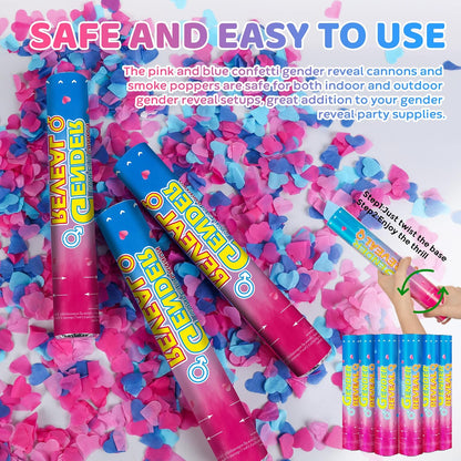 Gender Reveal Confetti Cannons – 6 Pack (3 Blue & 3 Pink) – Baby Gender Reveal Cannon Kit with Heart-Shaped Confetti – Easy Twist Party Poppers for Boy or Girl Baby Reveal Decorations