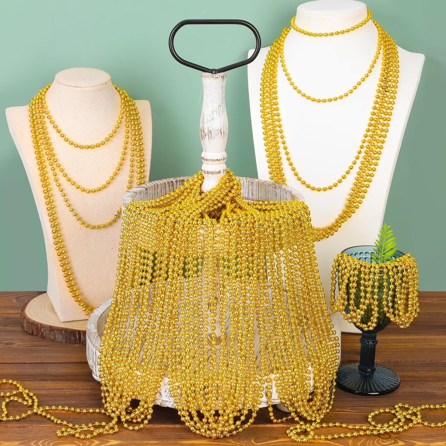 EOBOH 144PCS Mardi Gras Beads, Metallic 12 Kinds Bead Necklace Party Supplies, 33" Mardi Gras Necklace Costume Stuff, Festival Parade Throw Accessories for Wedding Birthday Celebrations Decorations