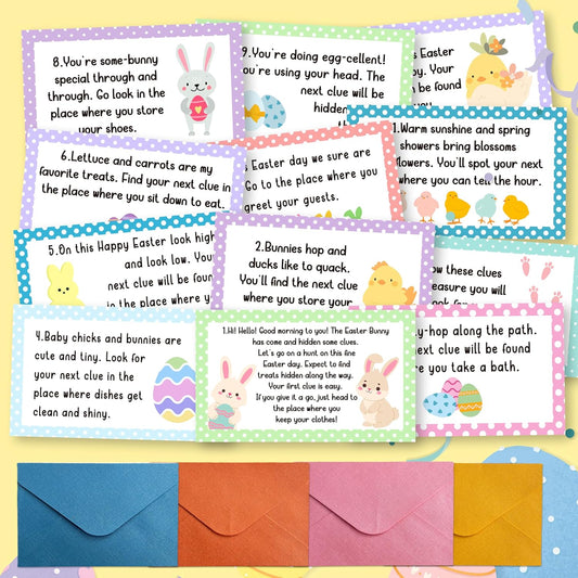 Easter Scavenger Hunt Games, 16 PCS Egg Treasure Clue Cards with Colorful Envelopes for Family, Easter Treats Game for Spring Party Decorations Supplies